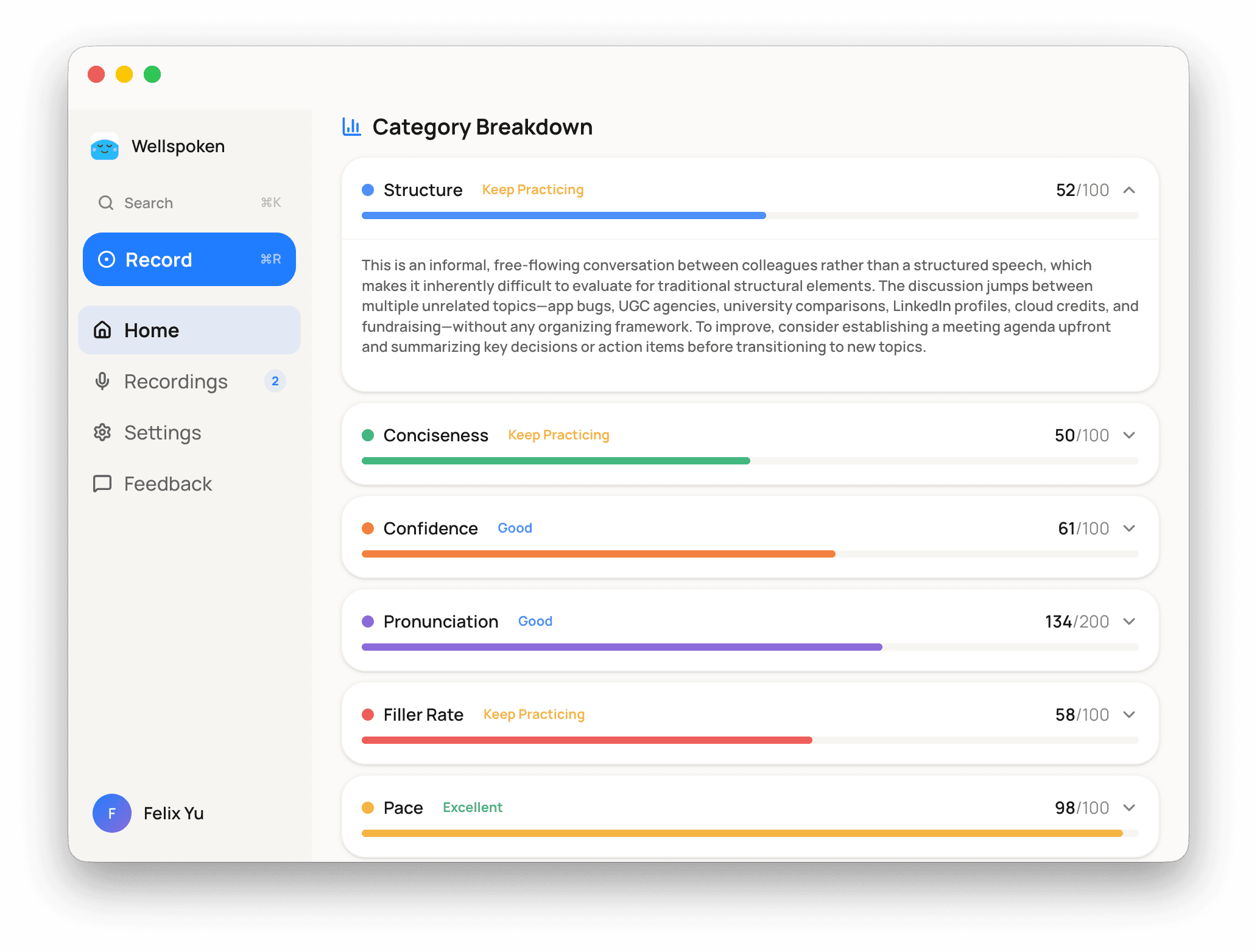 Category breakdown with detailed scores