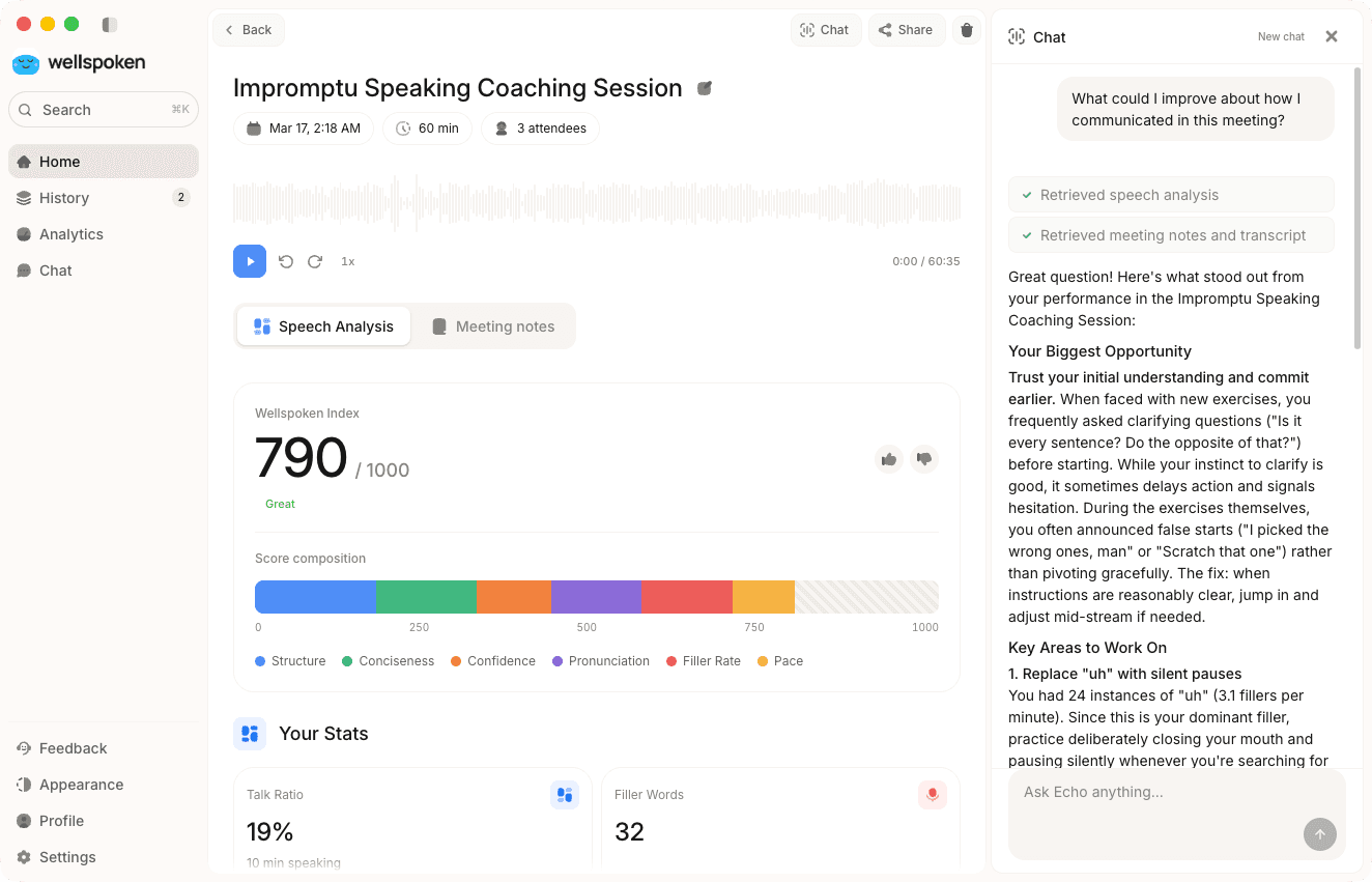 Wellspoken AI coach conversation with meeting context