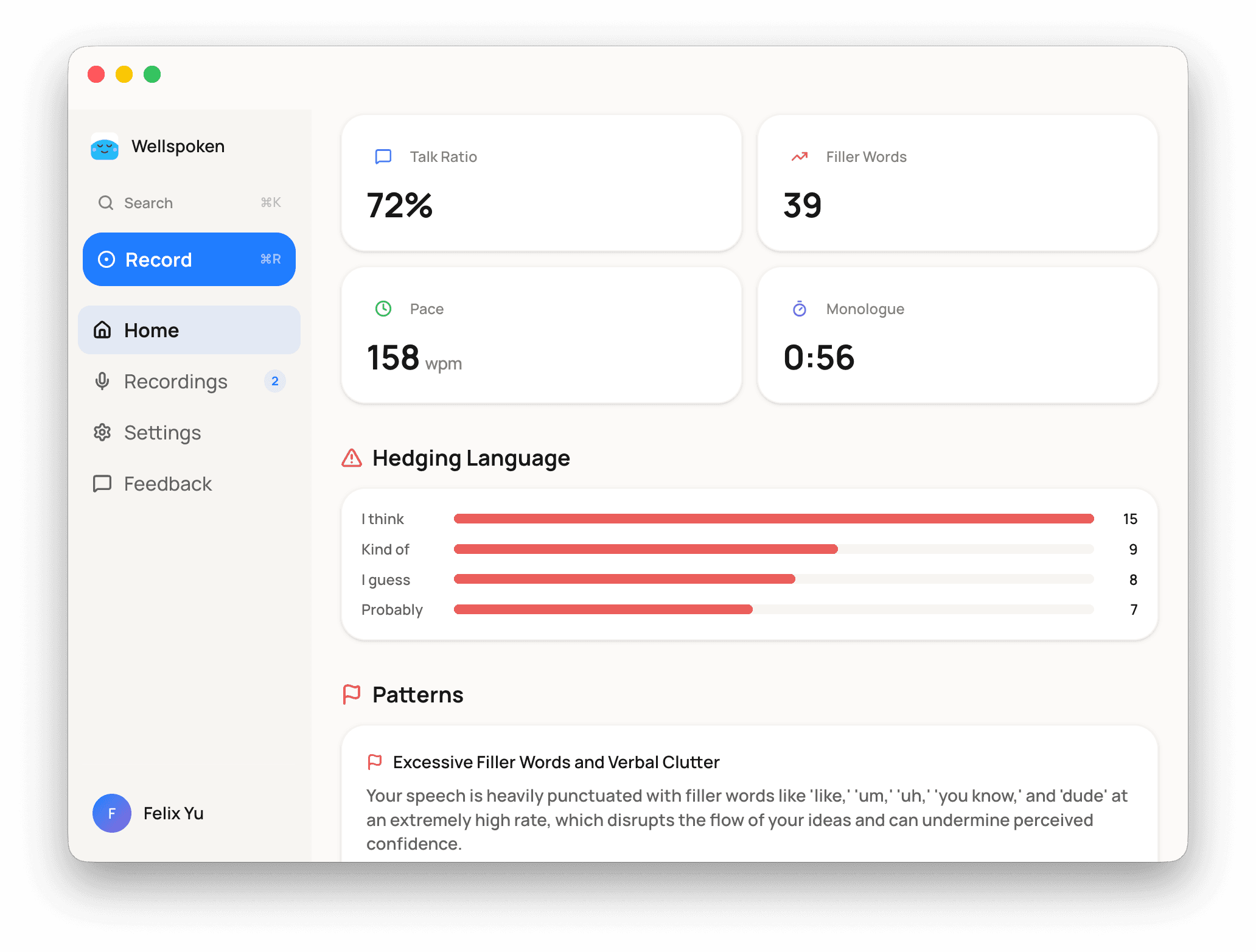Talk ratio, filler words, pace, and hedging language