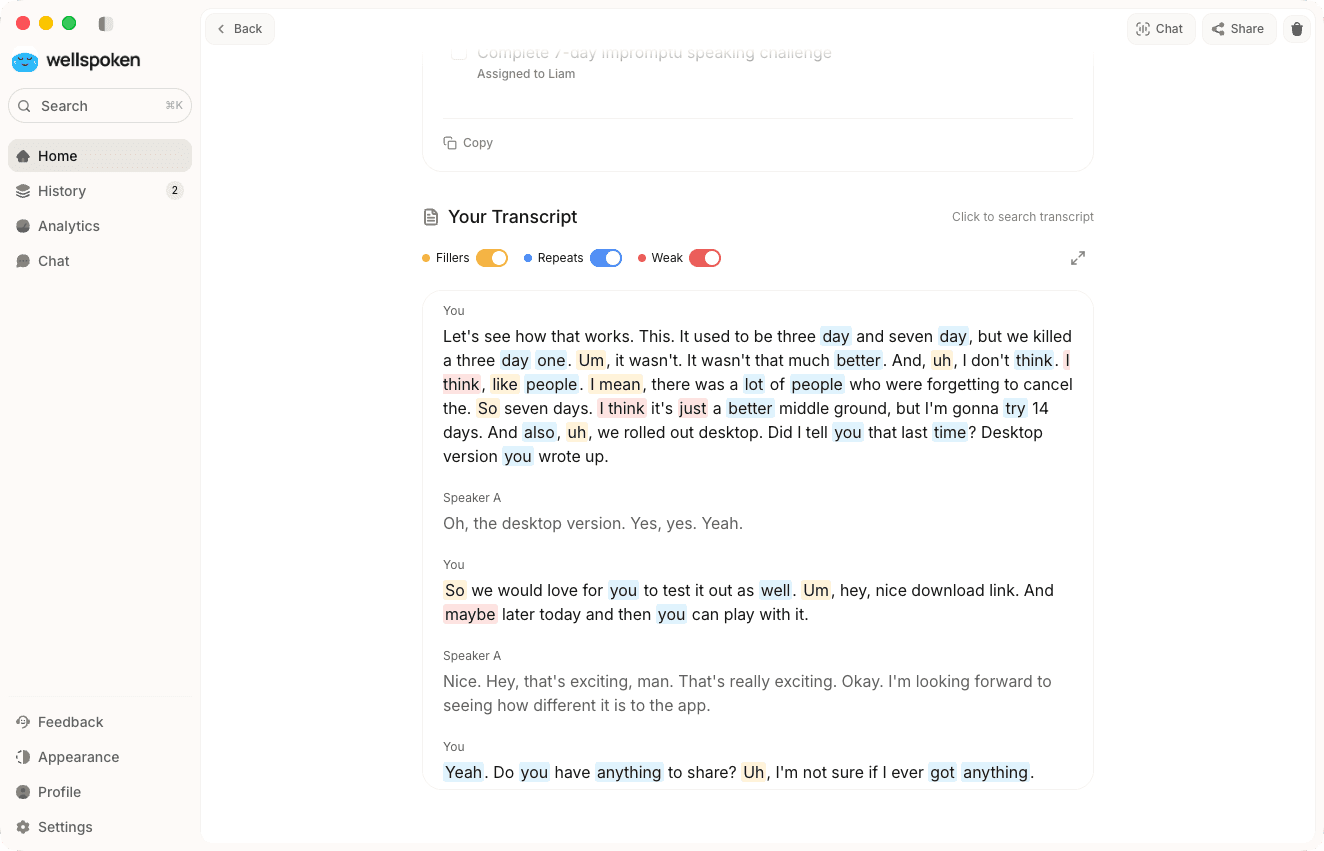 Meeting transcript with highlighted patterns