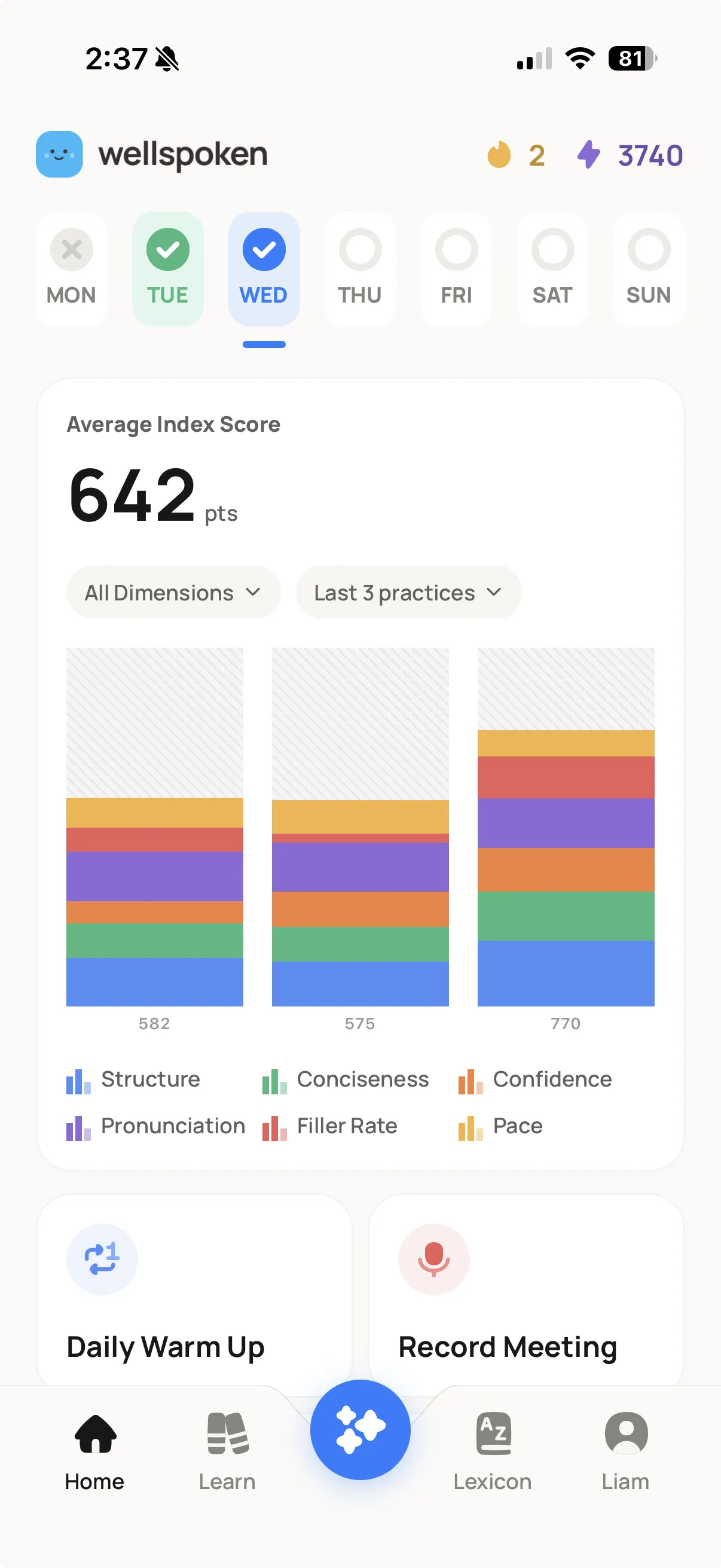 Wellspoken home screen - Index Score and daily practice