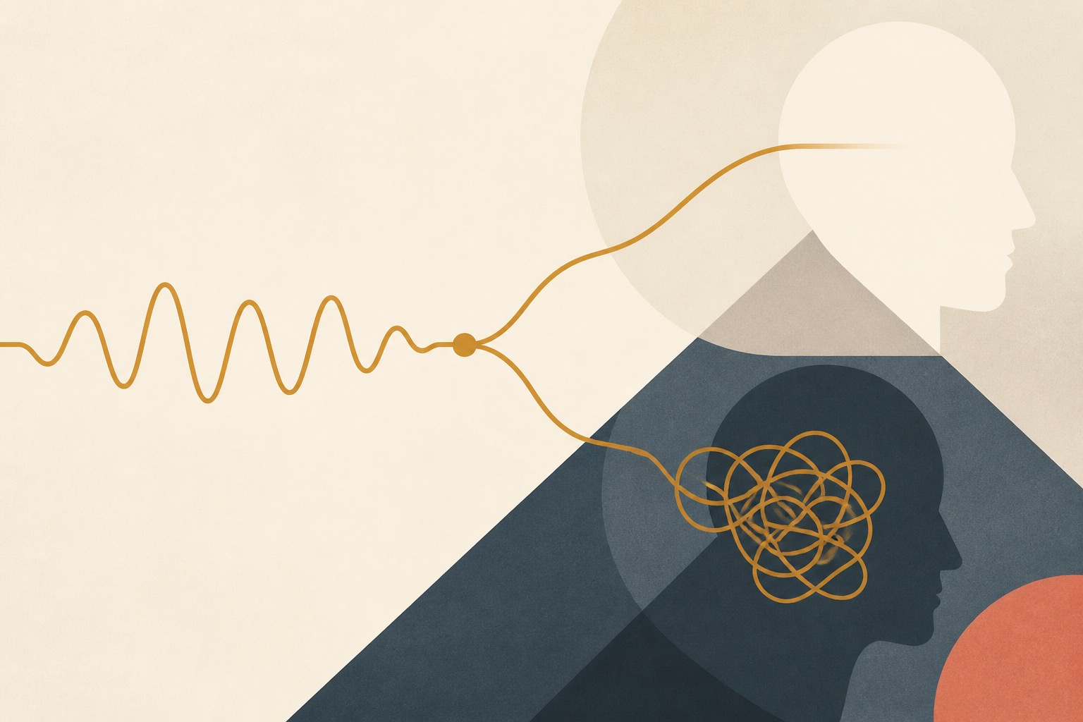 Accent bias: one sound-wave splitting into two paths, one absorbed cleanly and one deflected